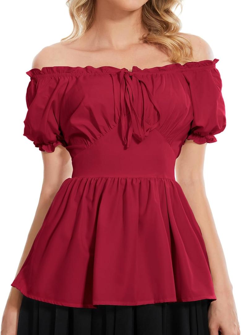 Renaissance Shirt Women Off Shoulder Medieval Pirate Steampunk Tops Peasant Top Vintage Victorian Blouse (X-Large, Red)