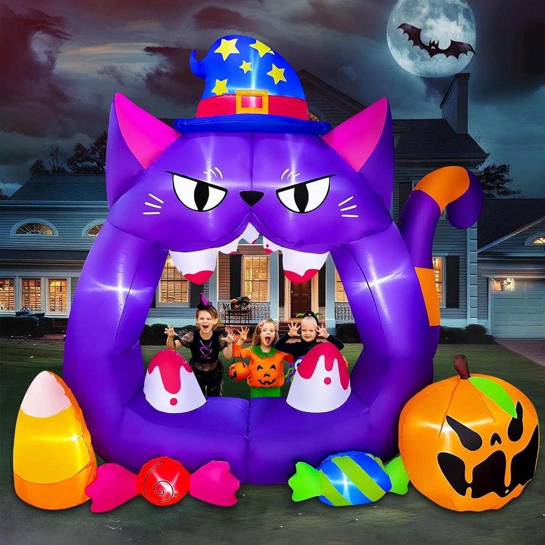 SEASONBLOW 7 Ft Halloween Inflatable Spooky Cat Photo Booth with Pumpkin, Candy Decoration LED Light Up Blow Up Spooky Cat Photo Frame for Halloween Party Indoor Outdoor Garden Yard Decor