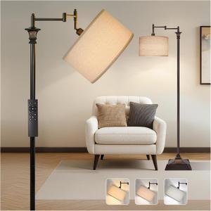 Scenekoy Vintage 68 Tall Smart LED Floor Lamp for Living Room Bedroom, Remote Control Traditional 350 Adjustable Swing Arm Standing Lamp with Linen Shade, Decor for Reading House Home Office