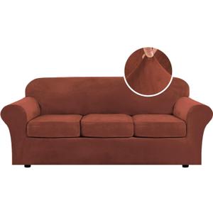 H.VERSAILTEX Modern Velvet Plush 2 Piece High Stretch Sofa Slipcover Sofa Cover Furniture Protector Form Fit Luxury Thick Velvet Sofa Cover for 3 Cushion Couch, Machine Washable (Sofa, Rust
