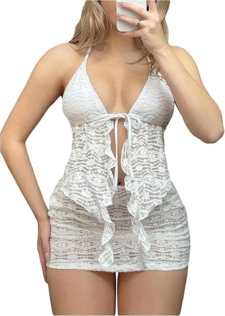 Women's 3 Piece Lace Ruffle Tankini Swimsuits Set Backless Halter Bathing Suit Festival Beach Outfits (Medium, White)