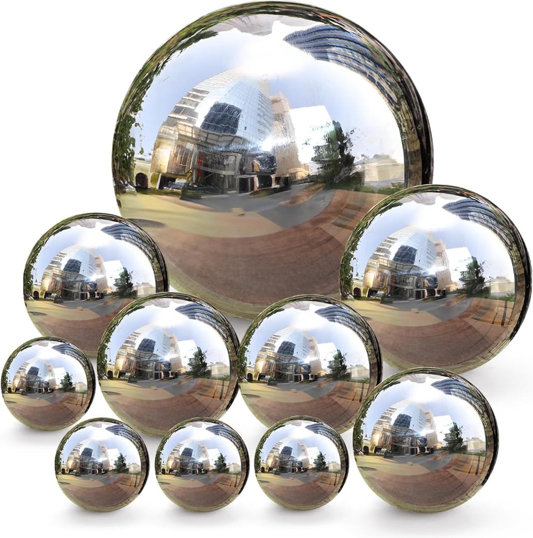 yarlung Set of 10 Stainless Steel Gazing Balls, 50-150 mm Garden Mirror Globe Floating Pond Sphere, Silver Polished Hollow Ball Reflective Ornament for Home Yard Outdoor Lawn Decoration