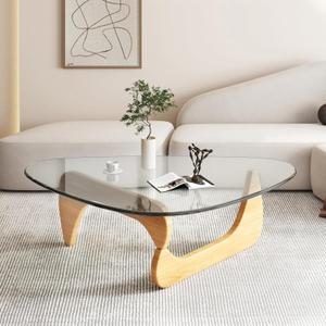Glass Mid Century Modern Coffee Table for Living Room, Retro Oval Mesa de Centro para Sala, Rustic Unique Triangle Funky Table With Wood Legs (35.4in)