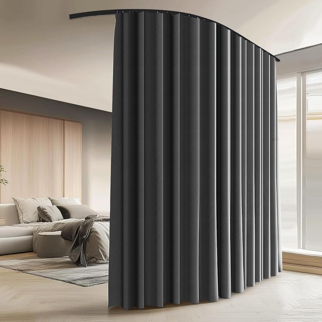 Room Divider Curtains with Ceiling Curtain Track Set Window Curtain for Bedroom,Living Room Total Blackout Thermal Insulated Privacy Ceiling Track Curtain W 9 H 9 FT Deak-Grey drape&Black track