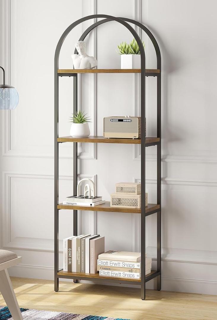 Bookshelf Arched Bookcase, Industrial 4-Tier Open Book Shelves with Metal Frame, 72" Tall Freestanding Storage Display Rack for Home Office, Living Room (Rustic Brown, 4 Tier Arched)
