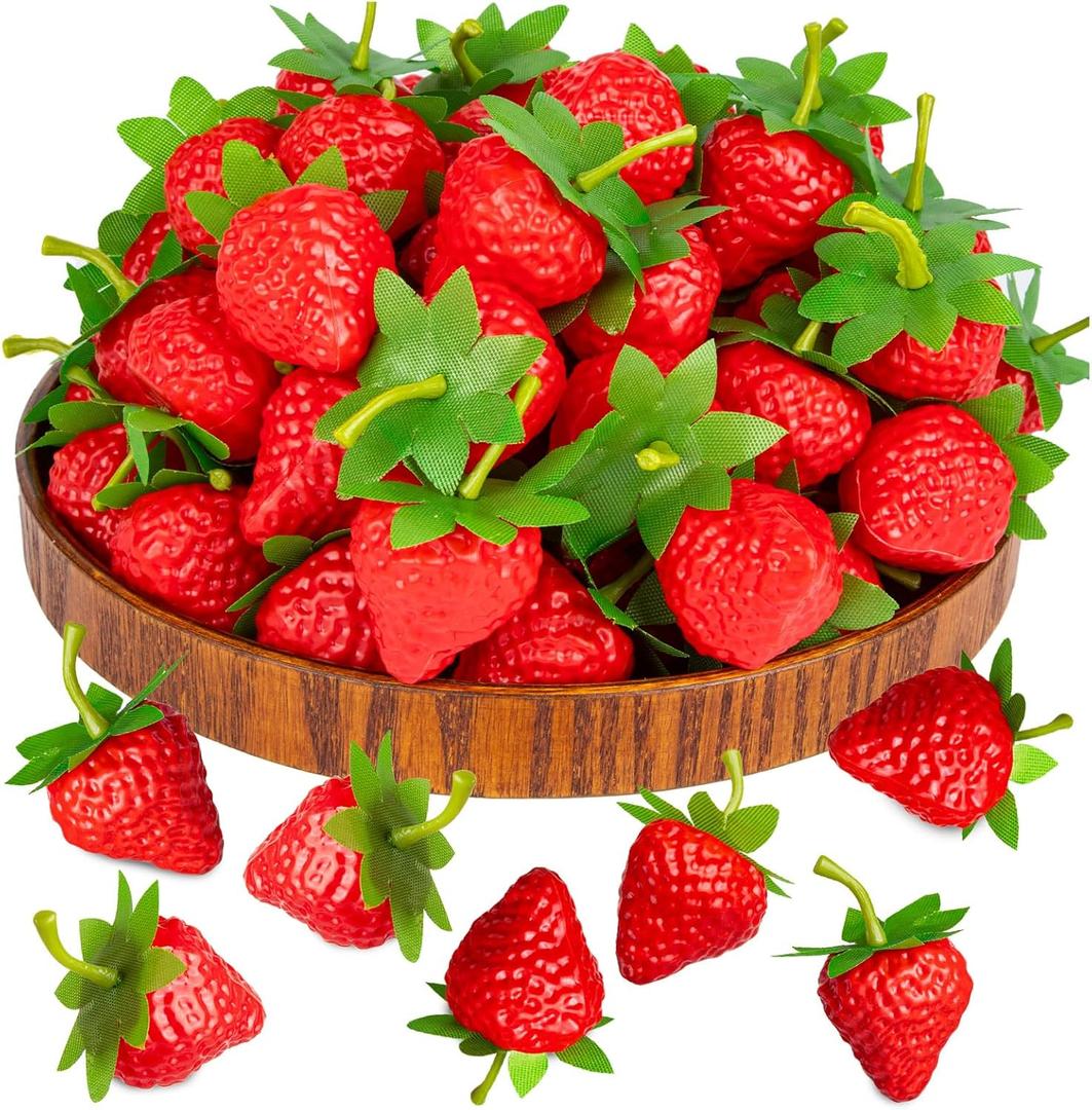 CLESDF 60Pcs Fake Strawberries, Artificial Lifelike Strawberry Plastic Strawberries red Strawberries for Home Kitchen Party Decor Photography Prop