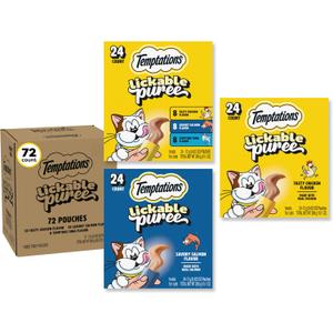 Temptations Creamy Puree Cat Treats, Chicken, Salmon & Tuna, 72 Count | Chicken, Salmon & Tuna, under 15 cal/tube, no added sugar/fillers, meal topper or hand-feed, wet squeezable treat (EXP 08/01/27)