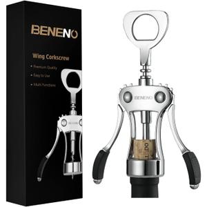 Beneno Wine Opener, Zinc Alloy Premium Wing Corkscrew with Multifunctional Bottles Opener, Sharp Wine Corkscrew with Ergonomic Non-Slip Wing Handle, Silver