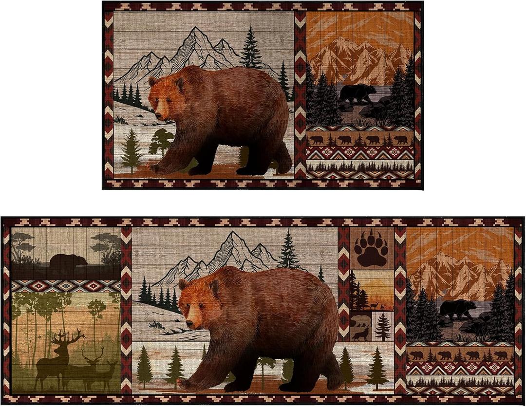 Bencailor 2 Pcs Rustic Cabin Bear Kitchen Rugs Farmhouse Kitchen Rugs Winter Wildlife Door Mats Brown Animal Deer Mat Non Slip Washable Woodland for Floor Indoor Home (17 X 30 in + 17 X 47 in) (Vivid Color)