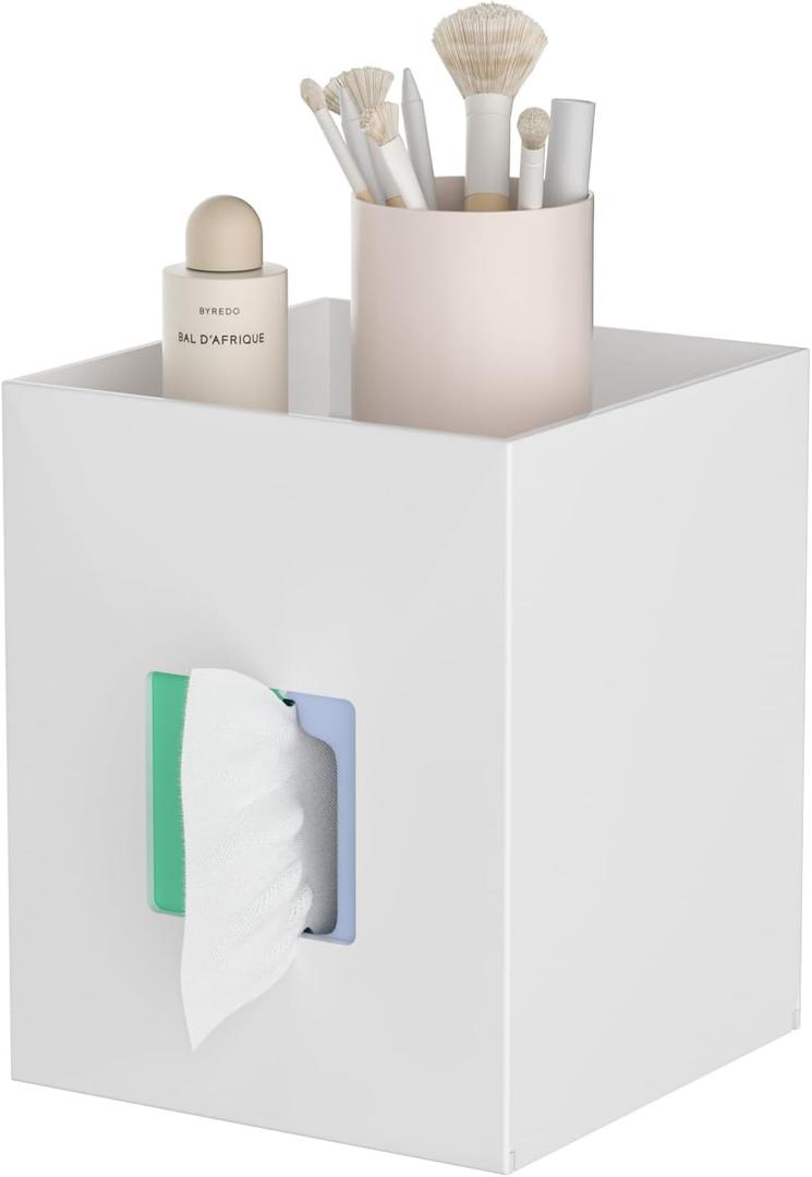 White Acrylic Tissue Box Cover with Storage Tray,Square Acrylic Tissue Box Holder Napkin Dispenser for Bathroom Kitchen Home Office(White, 5.5x5.5x6.7)