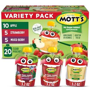 Mott's No Sugar Added Applesauce Variety Pack, 3 Flavors – Apple, Strawberry & Mixed Berry, Made from Real Fruit, No Artificial Flavors, 3.2 oz Clear Pouches, 20 Pack, Best Before Date 06/20/26