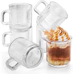 6 Pack Premium Glass Coffee Mugs with Handle, 12 Oz Classic Vertical Stripes Glass Tea Cups, Transparent Ribbed Beverage Mugs, Clear Vintage Glassware Set for Hot Cold Americano, Cappuccino