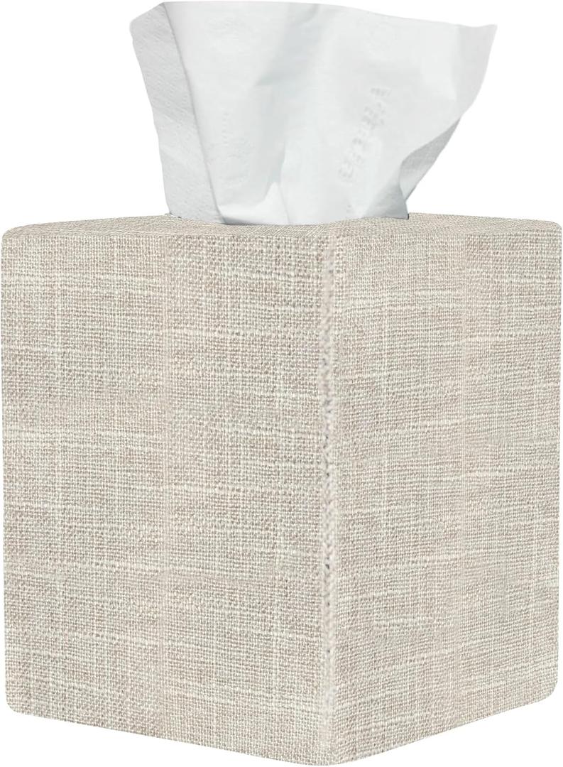 Tissue Box Cover, Cute Beige Linen Fabric Decorative Square Tissue Box Holder/Organizer for Bathroom Vanity Countertop/Office/Nightstand/Desk