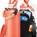 64 oz Water Bottles Insulated - Cold 48H Hot 24H, Half Gallon Water Jug w/ Straw & Spout Lid, Handle Strap Carrier Bag, Leak Proof 2Liter Stainless Steel Thermo Flask for Gym Sports Work Coral Orange