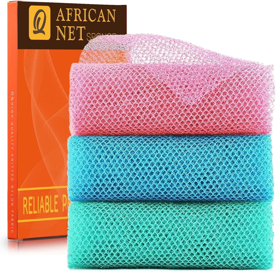 UJFQBH 3 Pieces African exfoliating net African Net Long Net Bath Sponge Exfoliating Shower Body Scrubber Back Scrubber Skin Smoother, Great for Daily Use (Pink, Blue, Green)