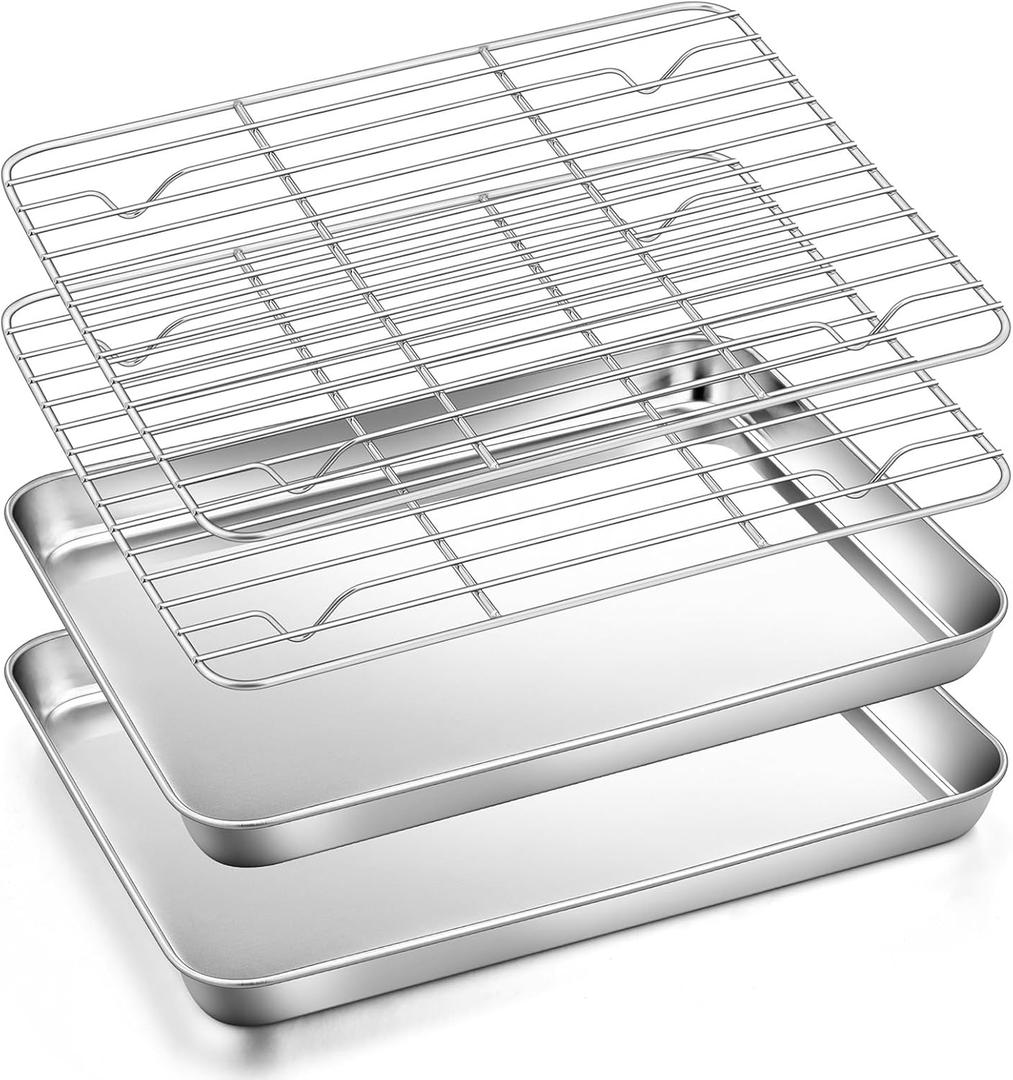 4Pcs Baking Sheet Pan with Rack Set, Joyfair Stainless Steel Oven Rectangular Pans Tray & Cooling Racks for Cookie/Jelly Roll/Bacon, Commercial Metal & Rust-free, Dishwasher Safe (10.4 Inch)
