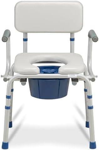 FSA/HSA Eligible Drop Arm Bedside Commode, Commode with Padded Seat and Backrest, 500lbs Capacity, 6.3QT Removable Bucket, Adjustable Height Portable Toilet for Adults, Grey (Gray)