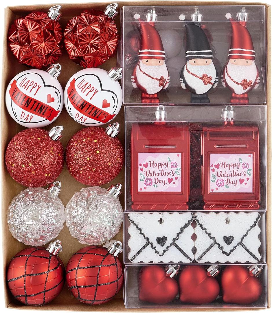 DecorbyHannah Valentines Day Tree Ornaments Decorations, 40ct Red Black Heart Shaped Ornament Set for Tree, Shatterproof Hanging Ball Valentine's Day Christmas Ornaments for Wedding Anniversary Party