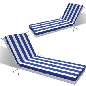 L'AGRATY Outdoor Lounge Chaise Cushion: 72x21x3 Inch Waterproof Lounge Chair Cushion for Outdoor Furniture with Fade Resistant Removable Cover - Patio Cushions for Pool Lawn Deck(Navyblue White 2Pcs)