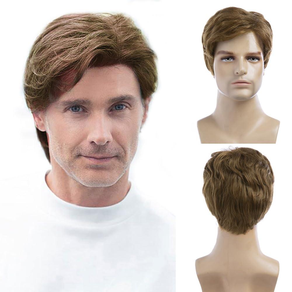 Baruisi Mens Wigs Short Light Brown Wig Synthetic Heat Resistant Natural Halloween Cosplay Hair Wig for Male