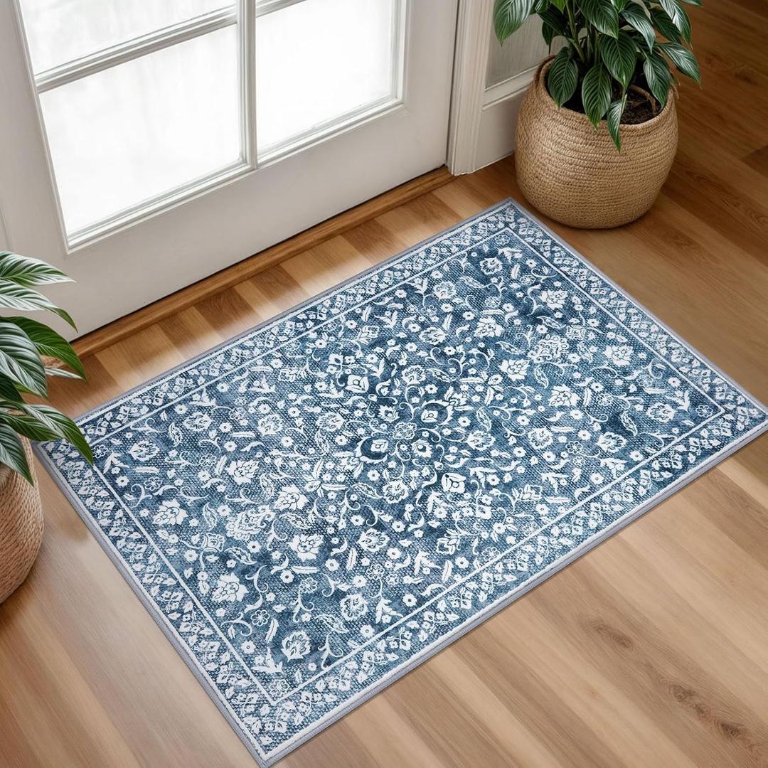 Vintage Entryway Rug 2x3, Blue and White Washable Accent Rug, Non-Slip Small Area Carpet, Floral Print Faux Wool Soft Door Mat for Indoor Entrance, Front Door, Kitchen, Bedside, Light Denim Blue and White