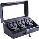 Watch Winder, XTELARY Luxury 3 Motor Quad Watch Winders for Automatic Watches Safe & Wooden Display Box Case 7+8 Storage (Black)