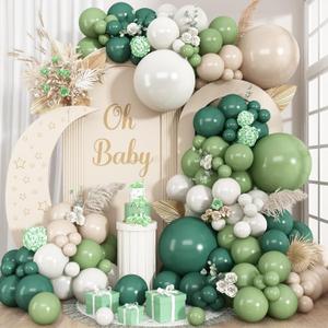Double Stuffed Sage Green Balloons Arch, Olive Dusty Green Brown Beige Neutral Balloon Garland Kit, White Sand Apricot Tan Latex Balloon for Baby Shower Birthday Jungle Safari Party Decoration