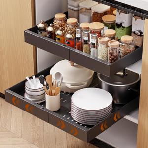 OneDream 2 Pack Pull Out Cabinet Organizer, 21" Deep Slide Out Drawers for Kitchen Cabinets, No Drill Adhesive Pull Out Drawers for Cabinets, Back Roll Out Shelves Adjustable Width 12.05"-20.4"
