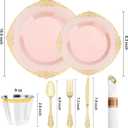 Realluck 350 PCS Pink and Gold Plastic Plates, Plastic Dinnerware Set for 50 Guests, 100 Disposable Plates, 150 Silverwares, 50 Cups, 50 Napkins for Party, Wedding, Graduation