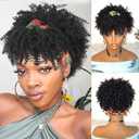 Black Afro Headband Wig Kinky Curly Headband Wig with Bangs Head-Wrap Wigs 2 in 1 Afro Puff Wig With Bangs for Women Synthetic Half Wigs (Yellow Huabu-Black)
