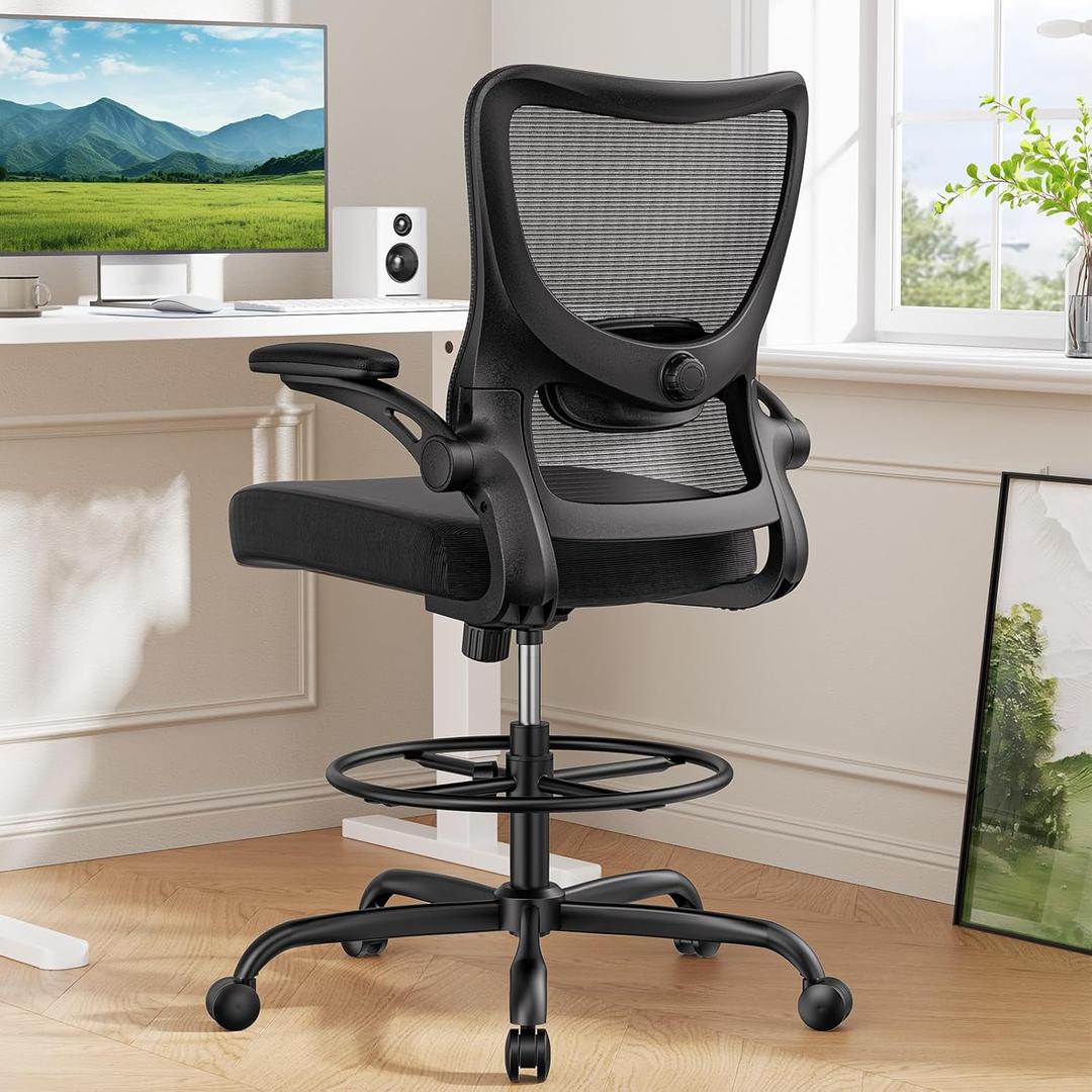 Marsail Drafting Chair, Tall Office Chair with 2D Lumbar Support, Standing Desk Chair with Padded Flip-Up Armrests & Adjustable Footrest Ring, Black