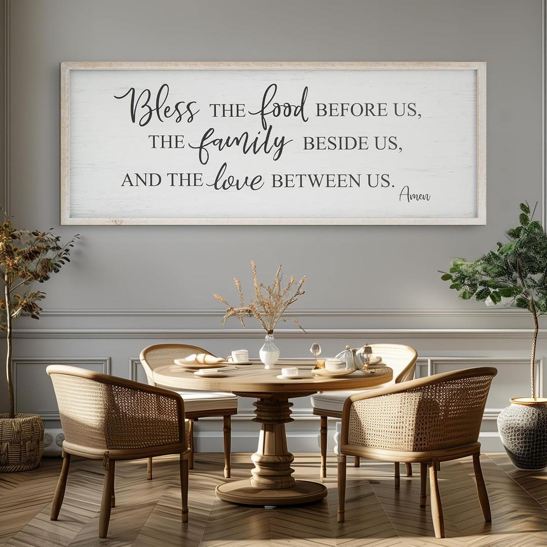 Bless The Food Before Us Home Decor Wall Sign For Family Kitchen Farmhouse Dining Room Vintage Rustic Retro Boho Wood House Wall Art Decoration For Living Room Bedroom 40 x 15 Inch white