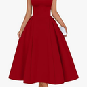 Memoriesea Women's Elegant Square Neck Swing A Line Wedding Evening Party Midi Dress, Red, Large