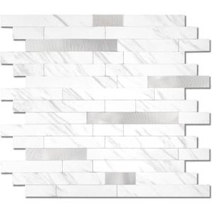Yipscazo 5 Sheets Peel and Stick Stone Metal Tile Backsplash, Stick on Tiles for Backsplash Kitchen, Bathroom, Laundry Room, Camper, Fireplace (12'' X 12'', White Stone with Metal)