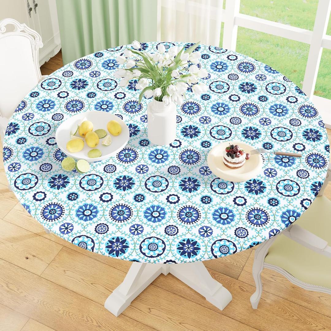 misaya Round Fitted Tablecloth with Elastic Edge, 100% Waterproof Oil Proof Plastic Table Cover, Vinyl Flannel Backed Tablecloth Fits 45"-56" Round Tables for Dinner, Outdoor, Picnic, Navy Mandala