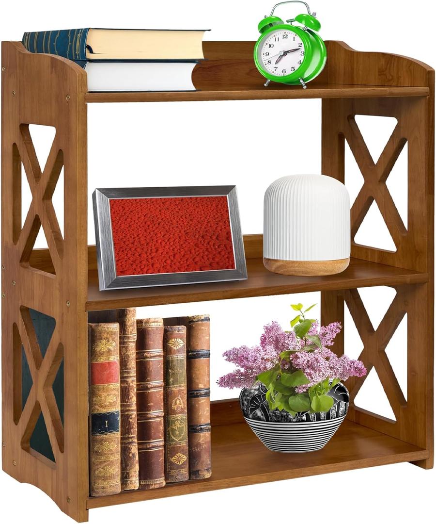 Bookcase by Natural Wood, 3 Tier Bookshelf, Small Book Shelves Freestanding Display Storage Shelves. Open Bookshelf for Bedroom, Living Room and Office (Brown, 3 Tier)