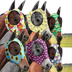 Chunful 6 Pcs Horse Fly Masks with Ears Smooth and Comfortable Mesh Fly Mask Elasticity Breathability UV Protection Horse Face Covering for Riding Supplies(Floral,Medium)