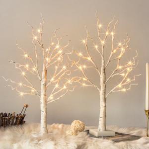 Vanthylit White Birch Tree with LED Lights - Set of 2, Tabletop Tree with Timer, Christmas Decorations Lighted Tree for Indoor Mantel Home Decor (2 FT, 24 LED)