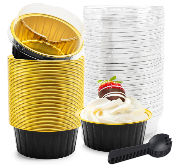 NPLUX 5 OZ Mini Loaf Pans with Lids Small Cake Containers Baking Cups for Pudding Souffle Party Wedding Birthday (50 Pack, Black Gold)