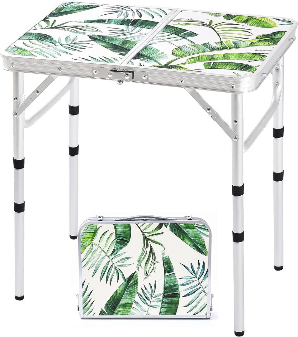 Folding Camping Table 2ft Portable Picnic Table Adjustable Height Small Card Table Aluminum Foldable Lightweight with Carry Handle for Outdoor Indoor Hiking Camp BBQ Beach (Monstera Palm Leaves)