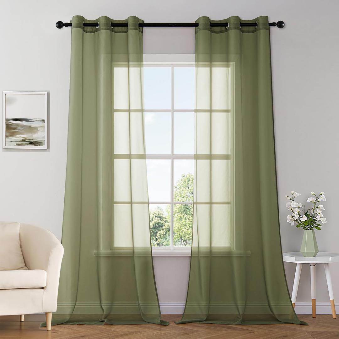 MIULEE Solid Color Sheer Curtains 84 Inches Long 2 Panels Set - Elegant Lightweight Grommet Light Filtering Window Voile Panels/Drapes/Treatment for Bedroom Living Room W42 x L84 Inch, Olive Green