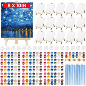 16 Pack 8x10 Inch Canvas and Easel Set, 16 Canvas for Painting with 16 Easels, 16 Acrylic Paint Set, 32 Paint Brushes, 16 Palletes, Bulk Painting Kits for Adults Students Beginners