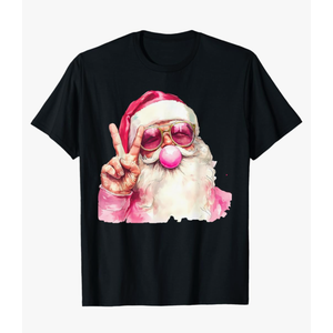 Retro Pink Santa Blowing Bubble Gum Funny Merry Christmas T-Shirt