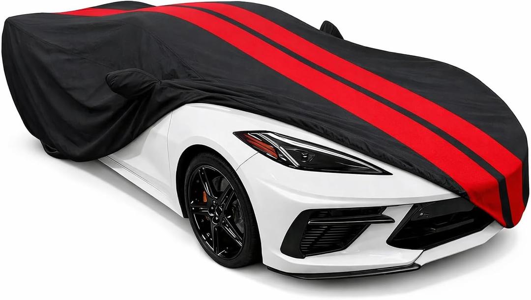 SR1 Performance USA C8 Corvette Car Cover Outdoor 20202026 Custom Fit Stingray Z06 Z51 E-Ray, Water Resistant Breathable, UV Protection, Wind Secure & Storage Bag (Black with Red Stripes)