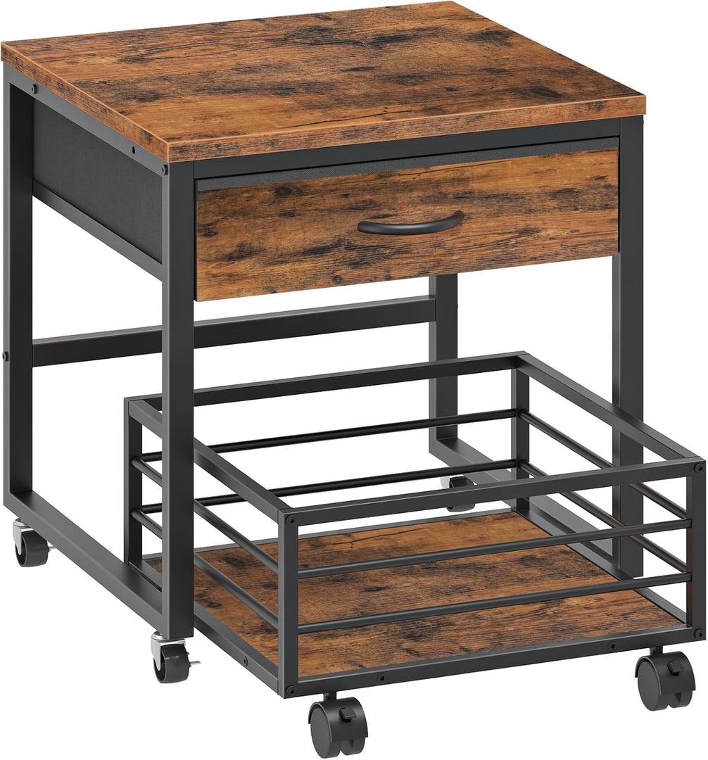 HOOBRO Mini Fridge Stand with Storage, 19.7 Inch End Table, Mini Fridge Cabinet with Mobile Basket Cart, for Living Room, Bedroom, Rustic Brown and Black BF655BX01, 19.7"L x 19.7"W x 21.7"H
