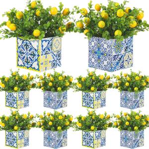 Giegxin Blue Tiles Lemon Table Centerpiece Decor Amalfi Coast Box Decorations with Artificial Lemon Branches for Capri Mediterranean Positano Wedding Birthday Party Decor(4 Sets)