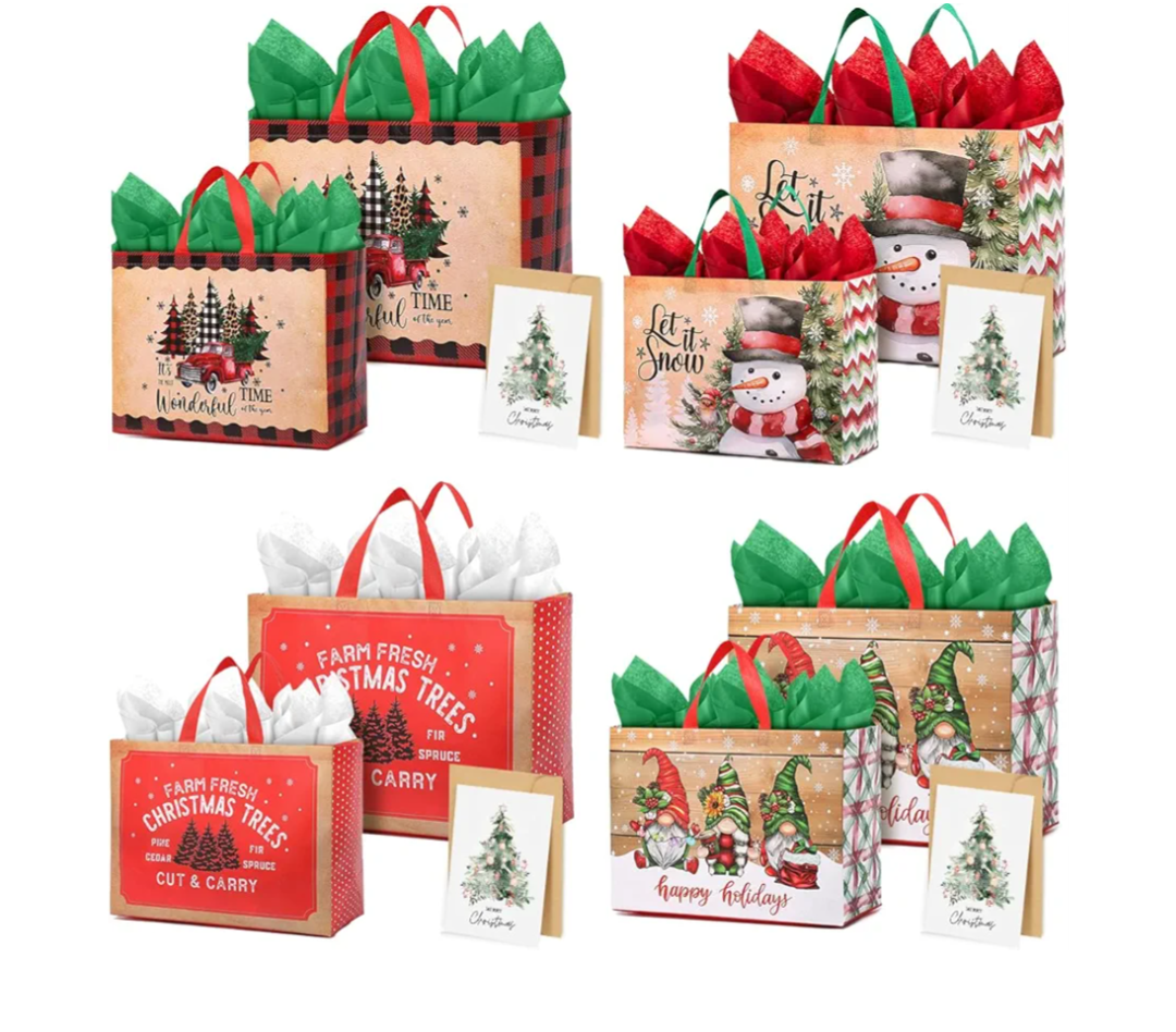 YOPPIX 8 Pack Large Christmas Gift Bag, Christmas Gift Wrapping Kit, Reusable Christmas Tote Bags, Non-Woven Shopping Bags for Xmas Gifts Wrapping Holiday Party Supplies