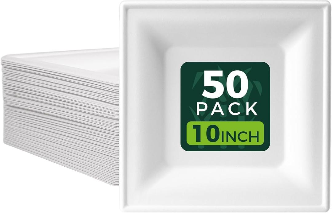 White 10-Inch Square Disposable Plates [50-Pack] - Compostable Heavy Duty Sugarcane Plates, Biodegradable Eco-Friendly Dinner Plates for Party