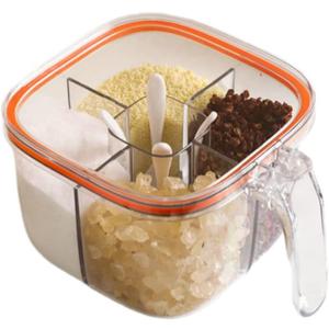 Clear Plastic Condiment Jars - 4 Compartment Set with Lid, Cover and Serving Spoons for Salt, Pepper, Powder