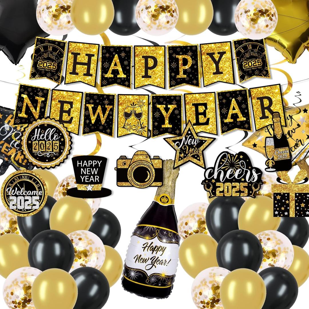 Gold 2025 New Years Eve Decorations - Happy New Year Party Supplies Include Banner, Balloons, Hanging Swirl